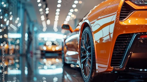 Sleek orange sports car in a luxury showroom under soft white lights photo