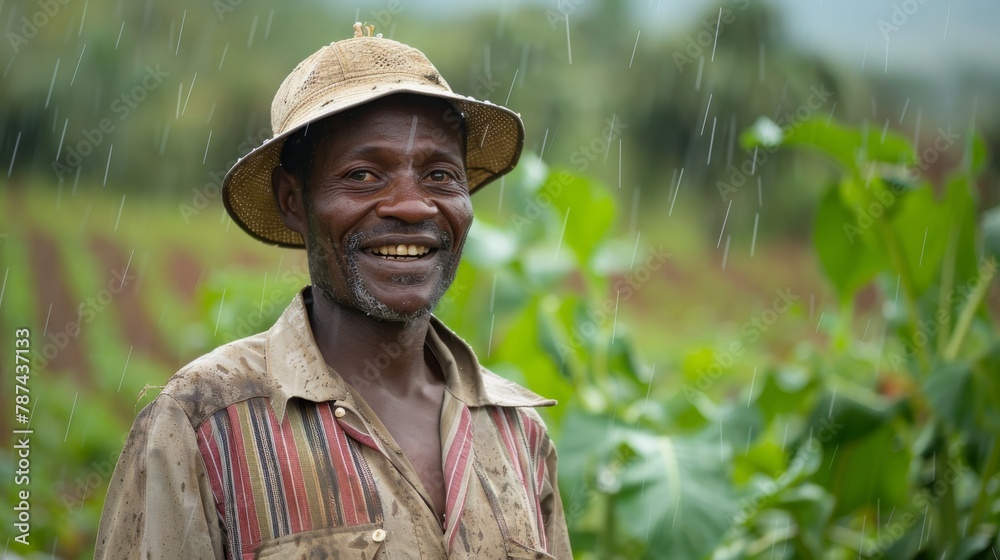 An African male farmer with a weathered hat smiles in his field as rain falls