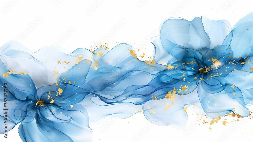 abstract blue fluid ink painting with gold swirls and petals on white artistic watercolor illustration - obrazy, fototapety, plakaty 