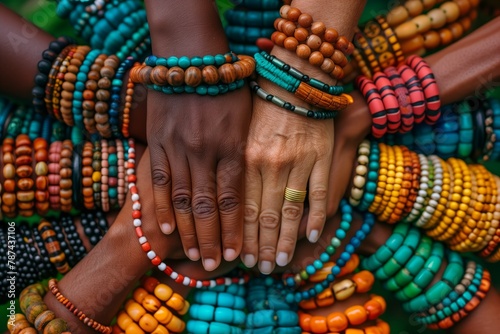 Colorful beaded bracelets on human wrists