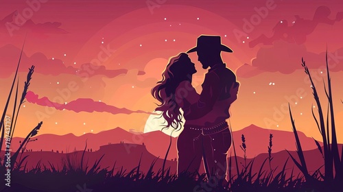 western couple embracing in love at sunset ranch handsome cowboy and pretty woman with auburn hair illustration photo