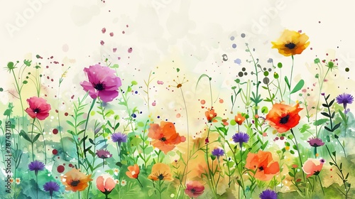 whimsical wildflower meadow in vibrant watercolor style abstract floral background © Bijac