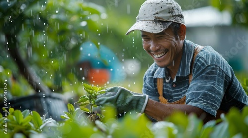 An image of a man nurturing plants, depicting his passion for gardening and nature, while rain gently falls around him photo