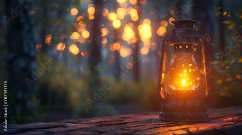 Vintage lantern on a timber table shining light in evening woodland
