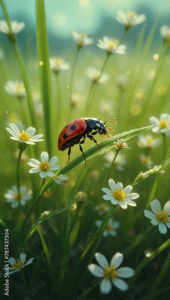 Macro shot of a ladybug poised on a stem with white blooming flowers and greenery in the background, illuminated by sunlight Macro shot of a ladybug poised on a stem with white blooming flowers and greenery in the background, illuminated by sunlight