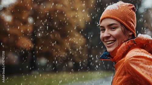 A young boy in a bright orange winter jacket beams with joy as soft snowflakes fall softly around him in a serene winter setting © ChaoticMind