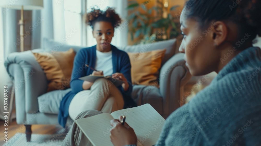 A therapist, depicted from the back, is seen taking notes while holding a notebook and pen, wearing a navy sweater. In the background, a young woman sits comfortably on a sofa
A therapist, depicted from the back, is seen taking notes while holding a notebook and pen, wearing a navy sweater. In the background, a young woman sits comfortably on a sofa