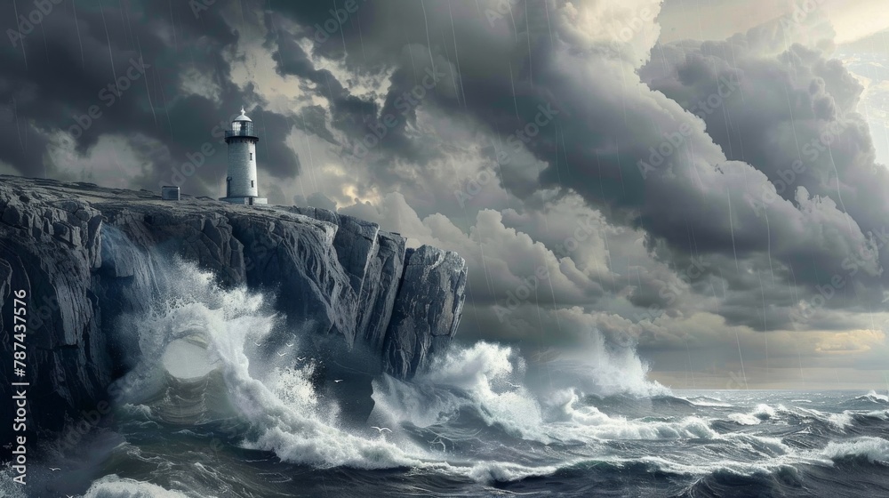 A dramatic scene showing a lighthouse perched on a cliff with turbulent ocean waves crashing below amidst a stormy sky