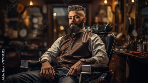 Handsome bearded man sitting in a barber shop and looking at camera