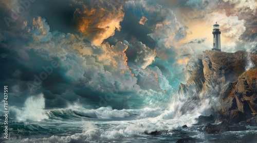 A visually stunning digital artwork featuring a lighthouse on a rocky shore with dynamic waves and a fiery sky backdrop photo