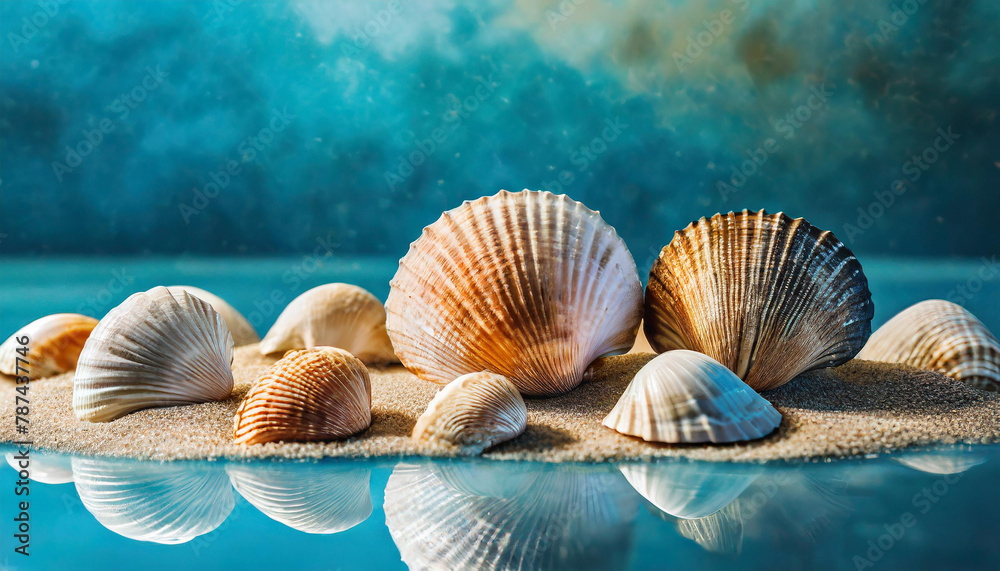 Close-up of beautiful sea shells. Blurred blue background. Summer vacation and travel Close-up of beautiful sea shells. Blurred blue background. Summer vacation and travel