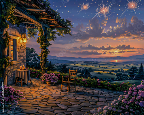 Cozy farmhouse patio adorned with orchids, watching distant fireworks under a vast sky, tranquil and welcoming