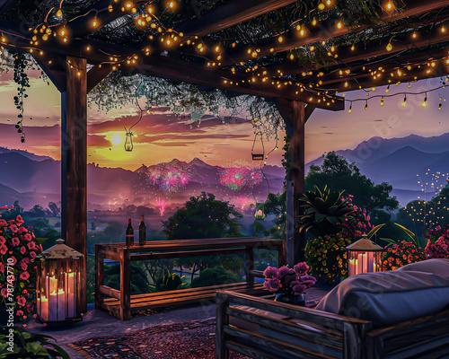 Cozy farmhouse patio adorned with orchids, watching distant fireworks under a vast sky, tranquil and welcoming