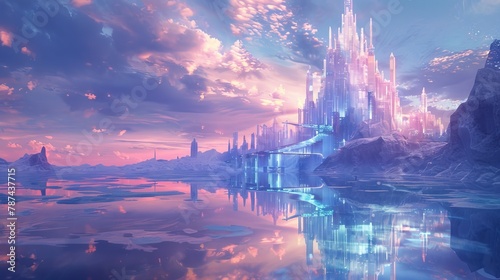 An ethereal vision of a castle made of ice, perfectly mirrored in the still water against a soft pastel sky, evoking a sense of magic and wonder