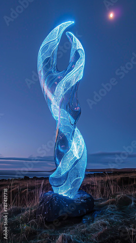 Bioluminescent sculpture in a serene landscape, illuminated by the light of a passing comet A fusion of natural glow and cosmic beauty