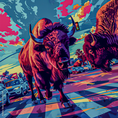 Dynamic vexel illustration of a bison herd at a crosswalk, blending wildlife with urban landscapes, vivid and striking