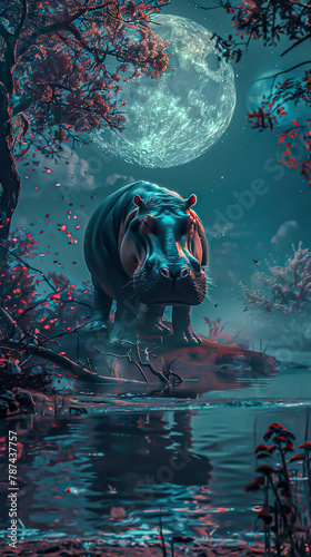 A moonlit scene by a river, a cybernetic hippopotamus practices flamenco, graceful and powerful, a surreal blend