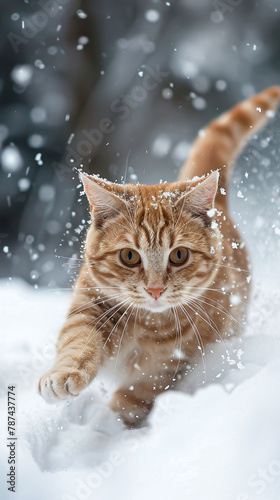 A bigheaded cat frolicking through a blizzard