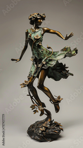 An ethereal bronze sculpture of a flapper, surrounded by vivid ivy league elegance, gives the impression of floating in timeless grace