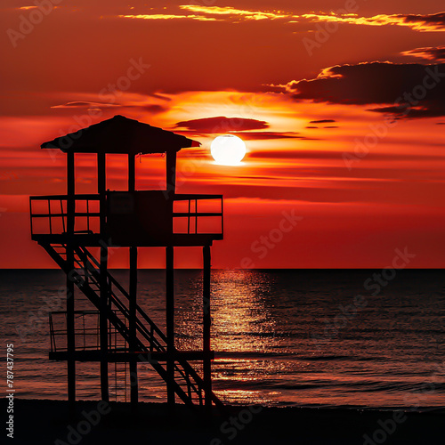 Silhouette of a lifeguard tower during a breathtak