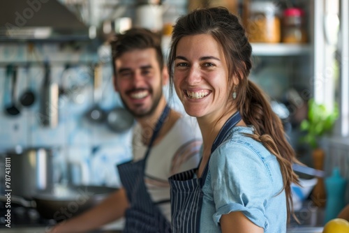 Bright smiling couple having fun while cooking together in a relaxed kitchen setting