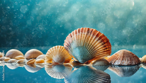 Close-up of beautiful sea shells. Blurred blue background. Summer vacation and travel