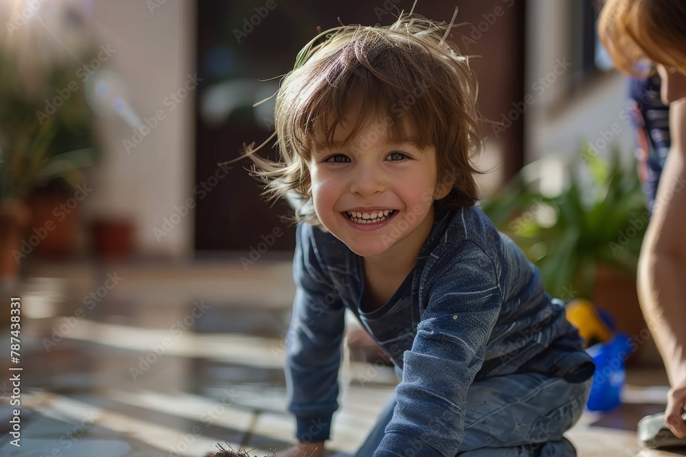 A young boy laughing while playing, crouched on a tiled patio, embodying joy and playfulness A young boy laughing while playing, crouched on a tiled patio, embodying joy and playfulness
