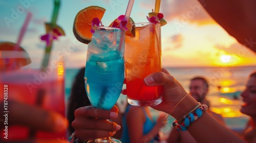 Close up of friends toasting with colorful tropical drinks garnished with fruit against a sunset beach backdrop, showcasing fun and relaxation