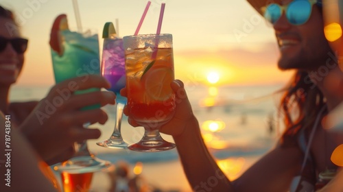 A group of friends is toasting cocktails obscuring one face against a beach sunset, symbolizing celebration and group happiness photo