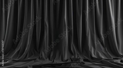 black fabric curtains flying for grand opening ceremony dramatic textile texture 3d render illustration set
