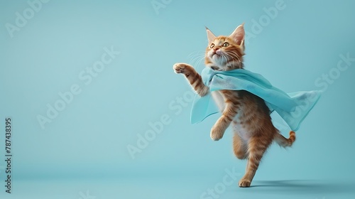 superhero cat, Cute orange tabby kitty with a blue cloak and mask jumping and flying on light blue background with copy space. The concept of a superhero, super cat, leader, funny animal studio © Rao