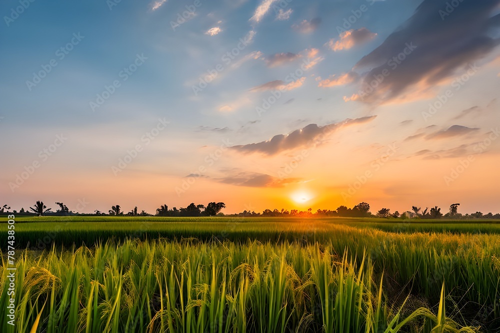  Scenic view of golden rice fields at sunset in the countryside, ready for harvest.