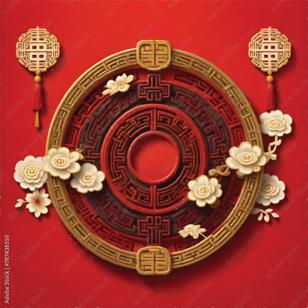 a red and gold chinese item with flowers on a red background