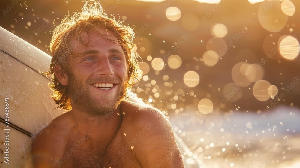 Close-up of a cheerful man with wavy hair lit by the sunset, water droplets surround him