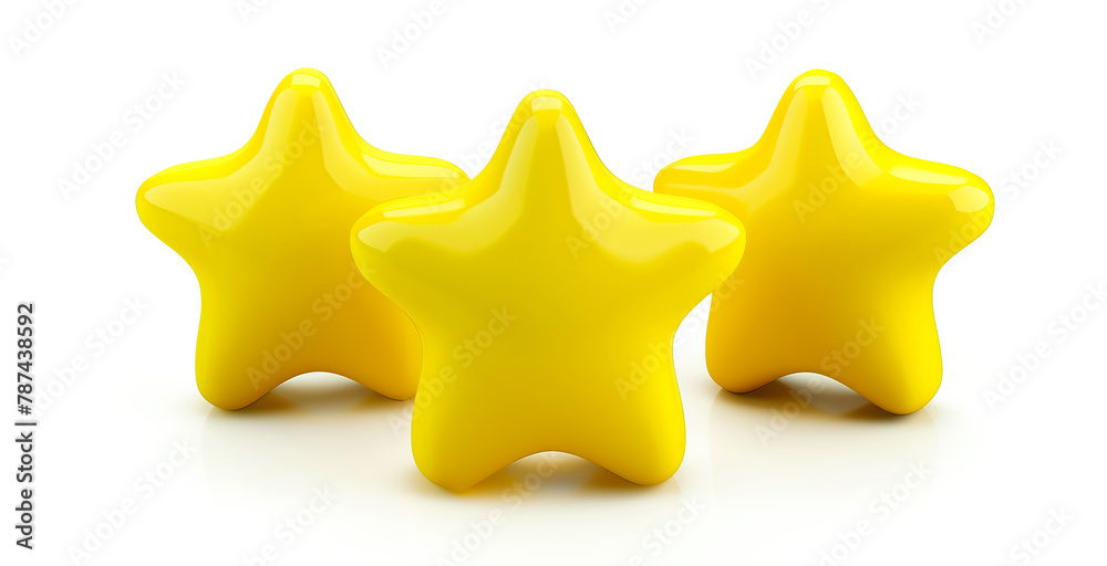 3d render of three yellow stars standing side by side front view isolated on white background 3d render of three yellow stars standing side by side front view isolated on white background
