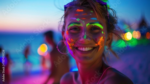 Woman with glowing neon face paint at a beach party during twilight with people in the background