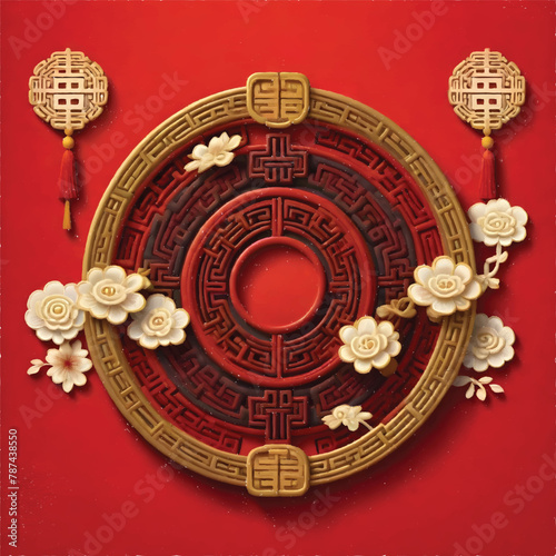 a red and gold chinese item with flowers on a red background