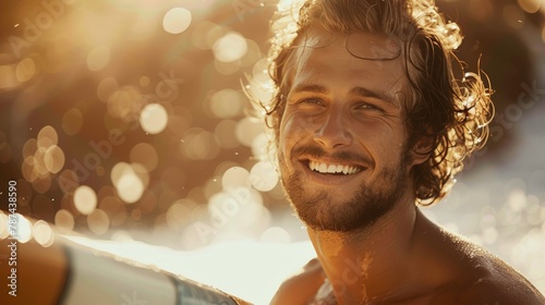 Cheerful young man with a surfboard enjoying the sunlight by the ocean during golden hour © ChaoticMind