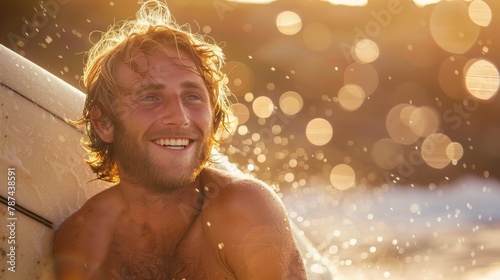 Close-up of a cheerful man with wavy hair lit by the sunset  water droplets surround him