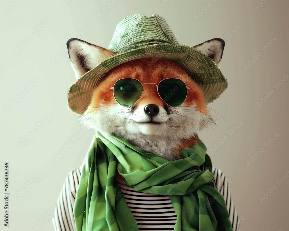 Obraz premium Fashionable fox with sunglasses and hat, concept of style and humor
