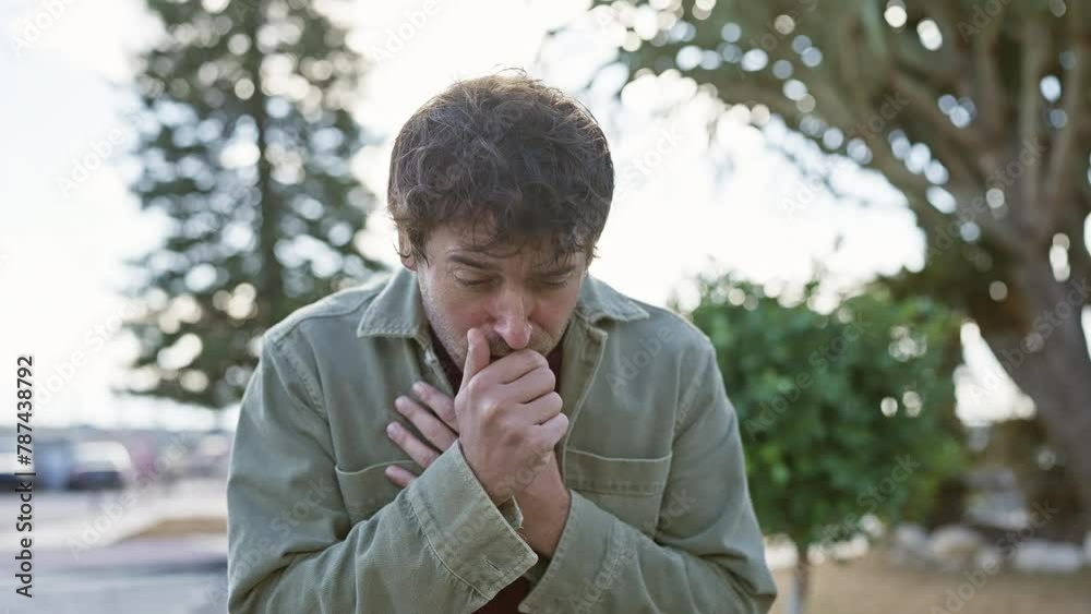 Young man coughing outdoors near greenery and urban background. Young man coughing outdoors near greenery and urban background.