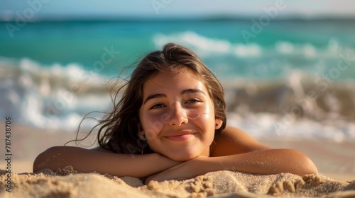 A young girl lies on the sand at the beach, smiling at the camera with the sea in the background photo