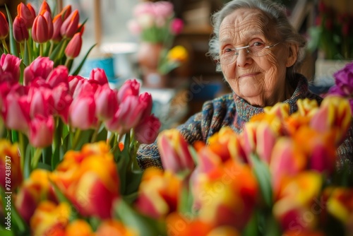 Warm portrait of an elderly woman with a rich display of colorful tulips in soft focus #787438737