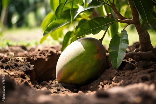 1. A mango tree on the ground, ready to be planted in a hole. photo