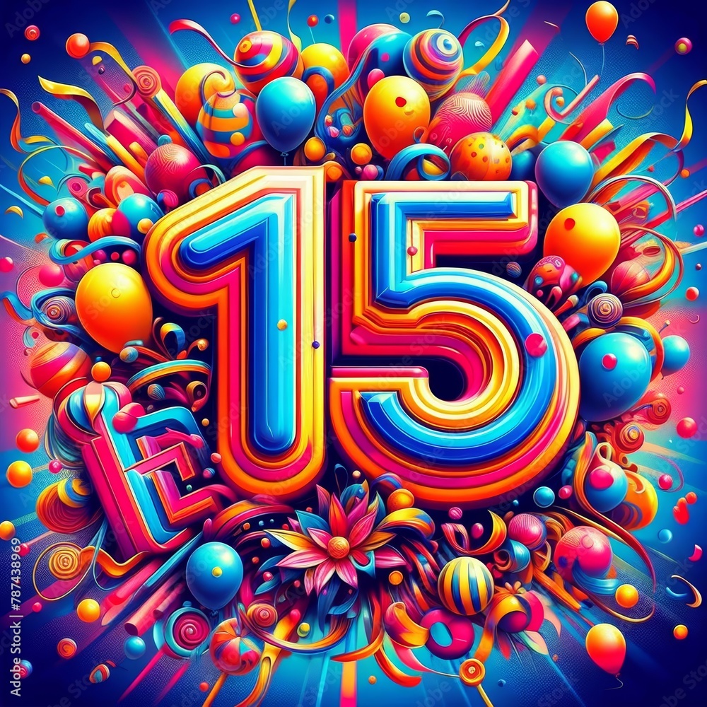 Colorful 15th Birthday Festive Balloon Illustration Colorful 15th Birthday Festive Balloon Illustration