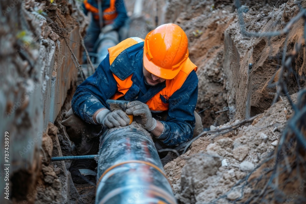 Obraz premium Construction worker in orange safety helmet fixes pipes in an excavation site with focus on hands
