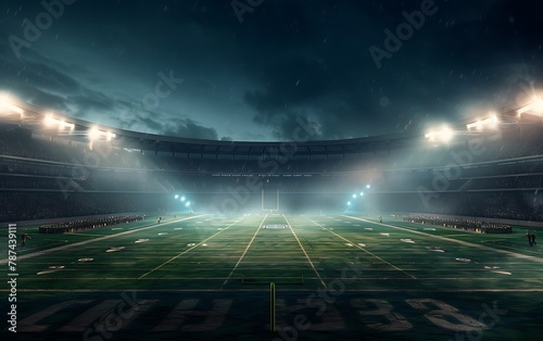 A large American football stadium at night with lights shining down on the green field photo
