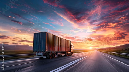 container truck on highway road at sunset sky logistics import export and cargo transportation industry concept digital photography