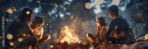 A group of happy people are sharing smiles around a campfire, enjoying the leisure of travel. The sky is clear, adding to the fun atmosphere of this recreation event in the beautiful landscape, banner