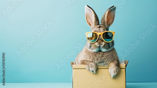 cooler german easter bunny with sunglasses in gift box blue background